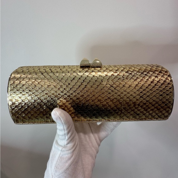 AUTHENTIC JIMMY CHOO CHARM Snakeskin Tube Clutch Gold Black
